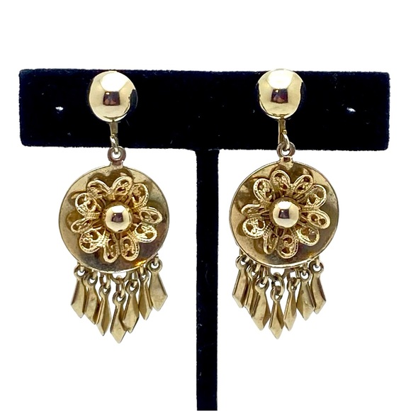 Vintage Floral Filigree Dangle Screw-Back Earrings Gold-Tone - Picture 1 of 9